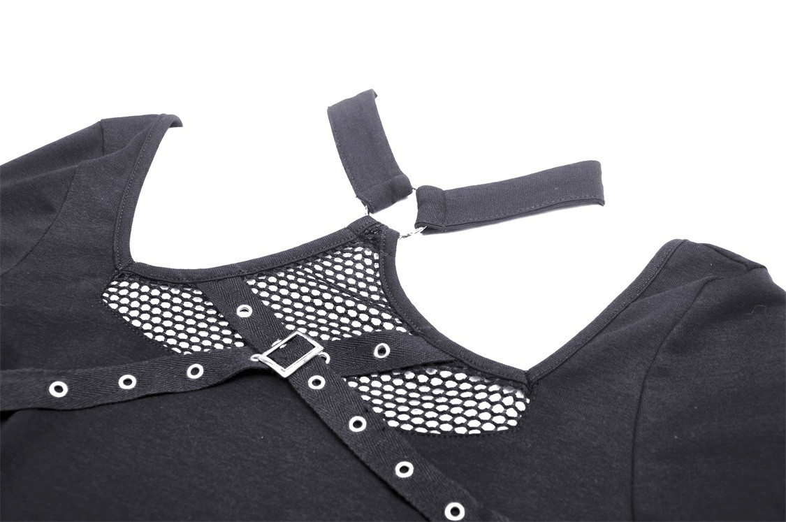 Close-up of the stylish black mesh crop top featuring choker, metal eyelets, and sheer net panels.