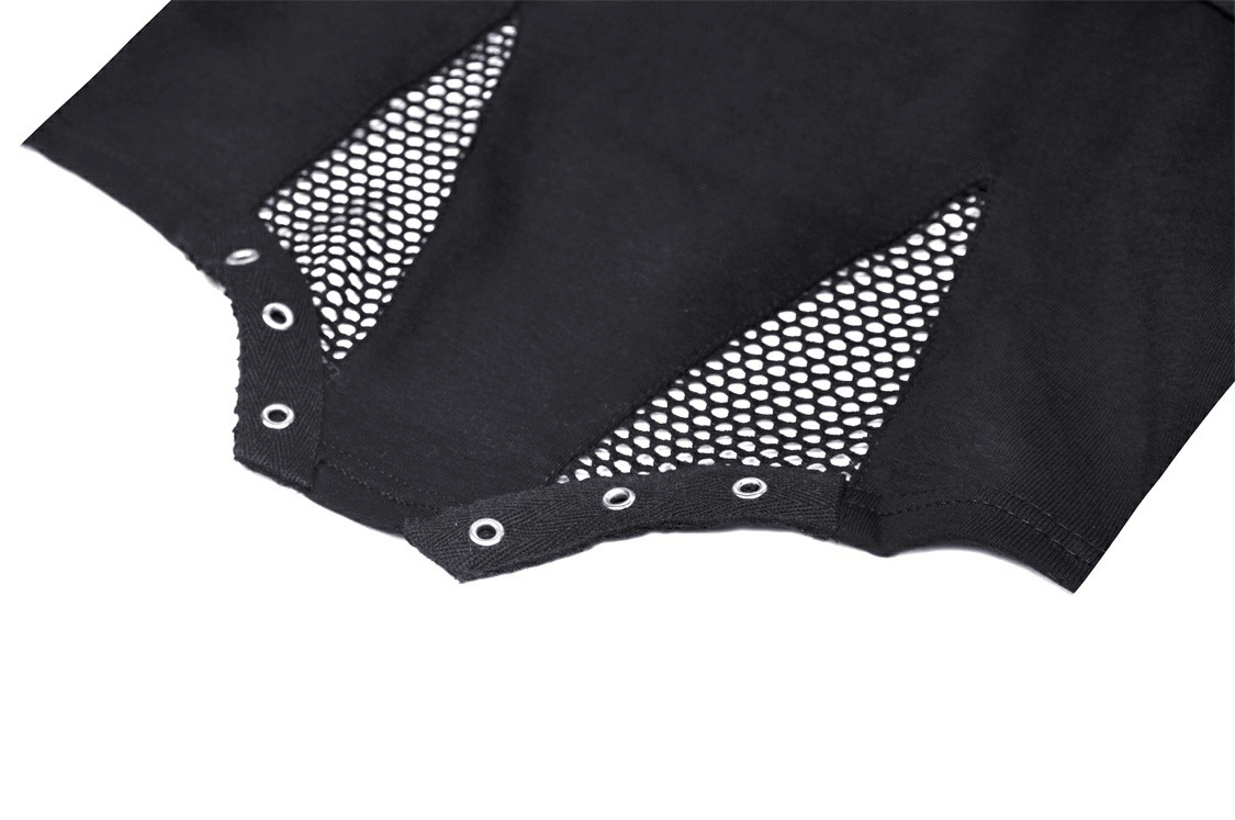 Close-up of stylish black mesh crop top showing net panels and metal eyelets for a gothic punk look.