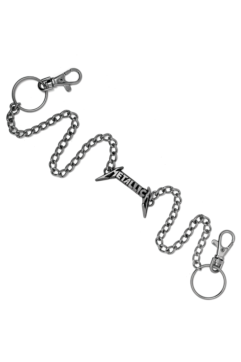 Stylish Metallica logo pewter wallet chain with dual clips and rugged design for heavy metal fans.