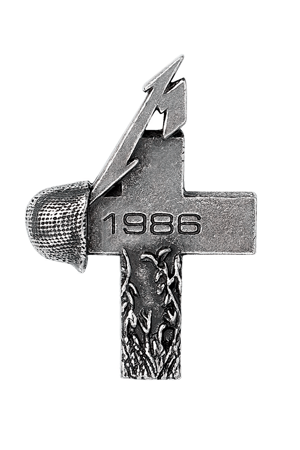 Metallica Master of Puppets pewter pin badge with cross and lightning design, 1986 collectible for fans.