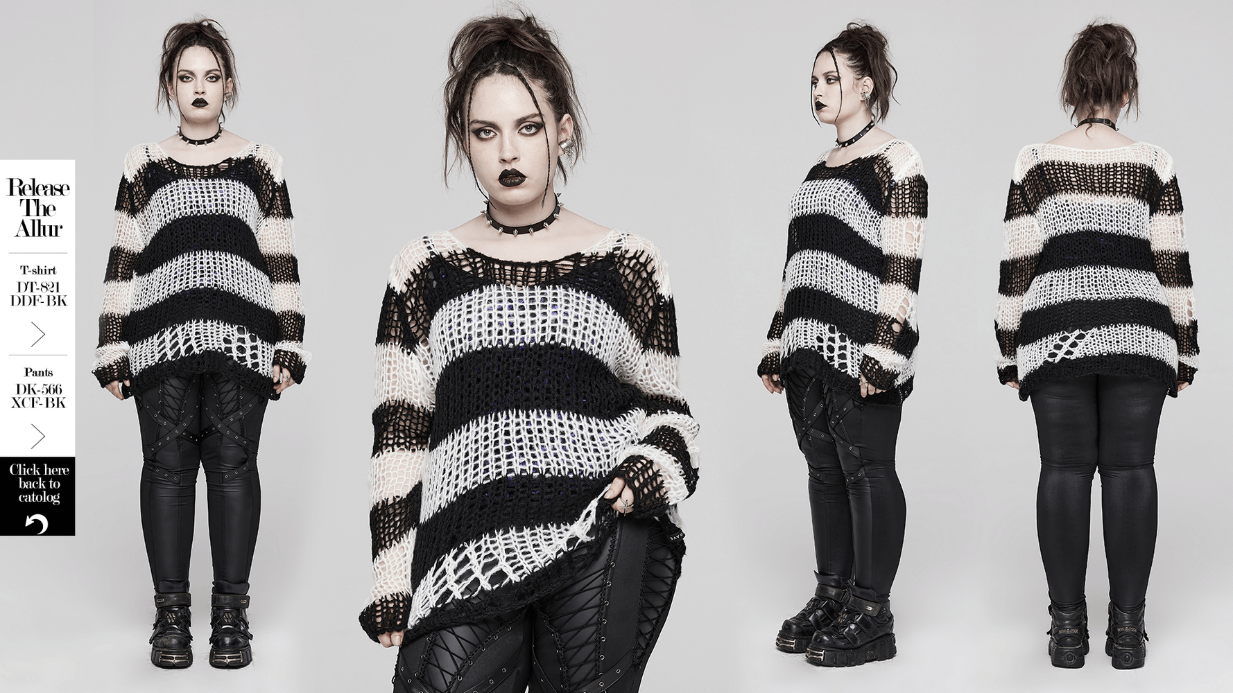 Stylish mohair striped pullover with irregular holes, showcasing an edgy punk-inspired look in black and white.