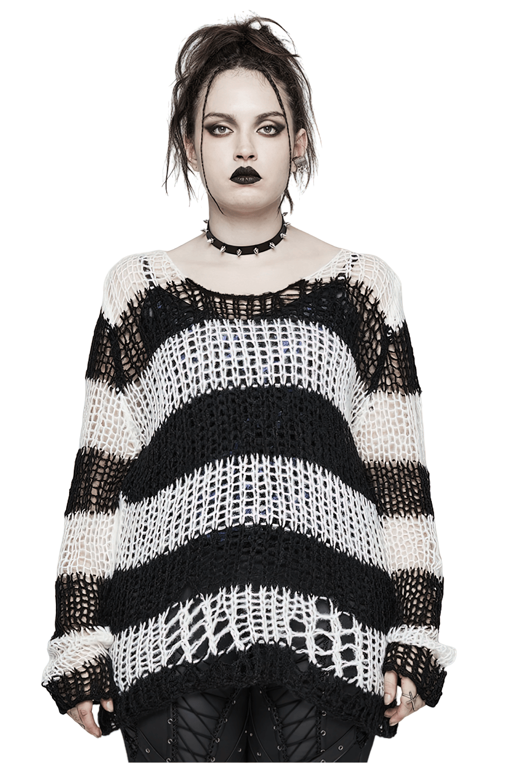 Edgy mohair striped pullover sweater with irregular holes, paired with punk accessories for a rebellious look.