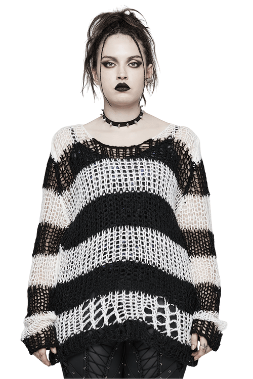 Pull rayé en mohair élégant avec trous irréguliers