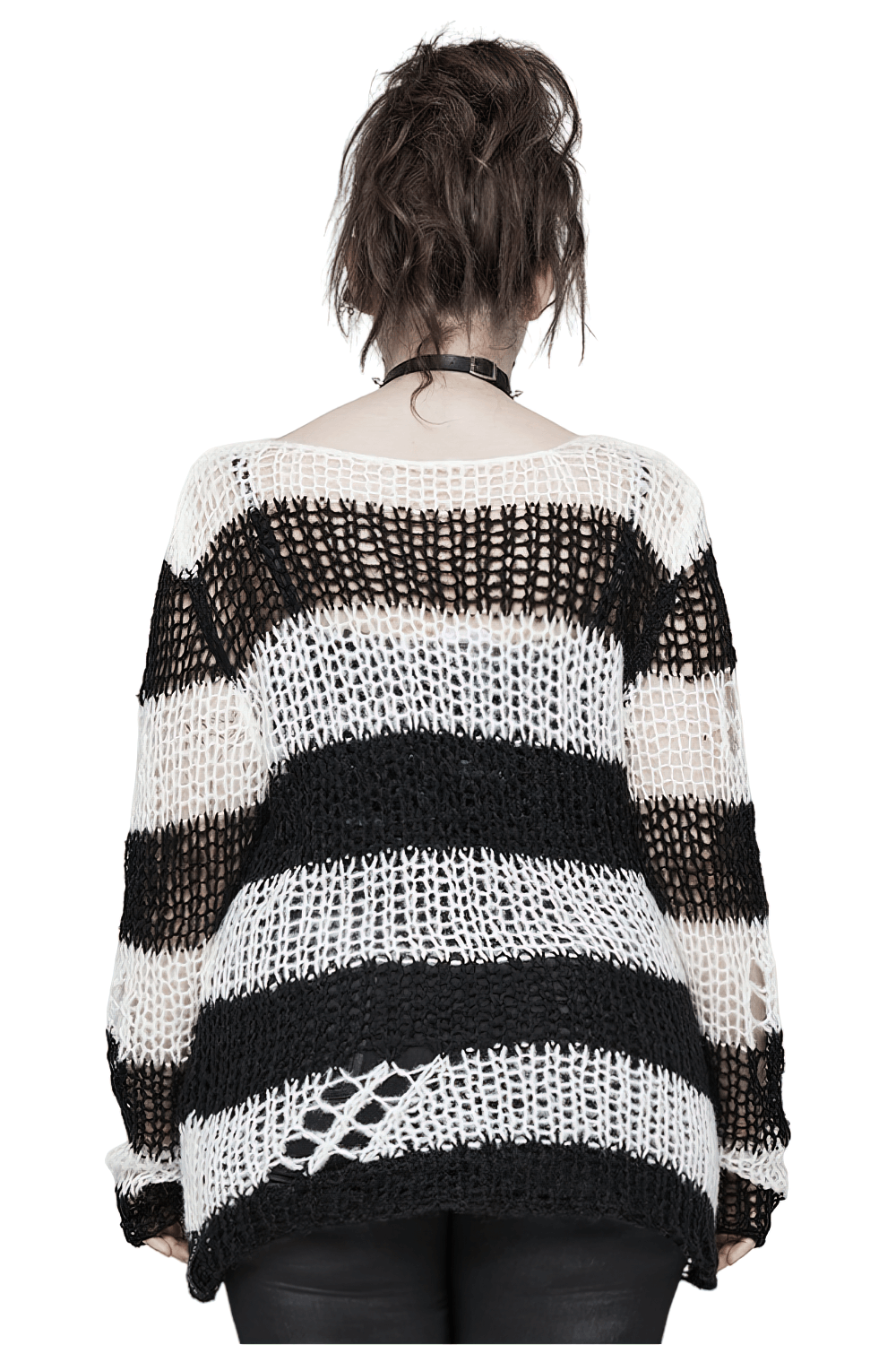 Back view of a stylish mohair striped pullover with irregular holes in black and white.