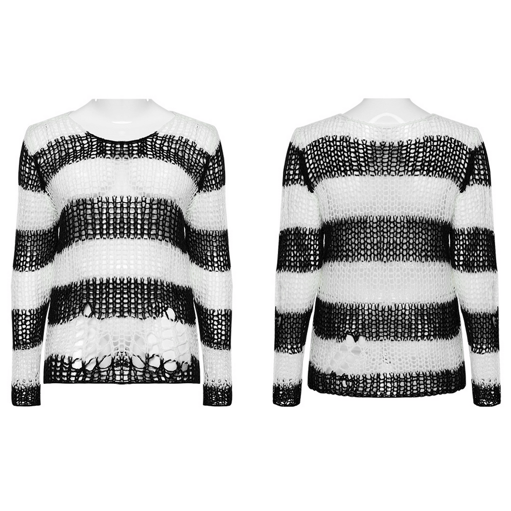 Stylish black and white mohair striped pullover sweater with irregular holes and oversized neck.