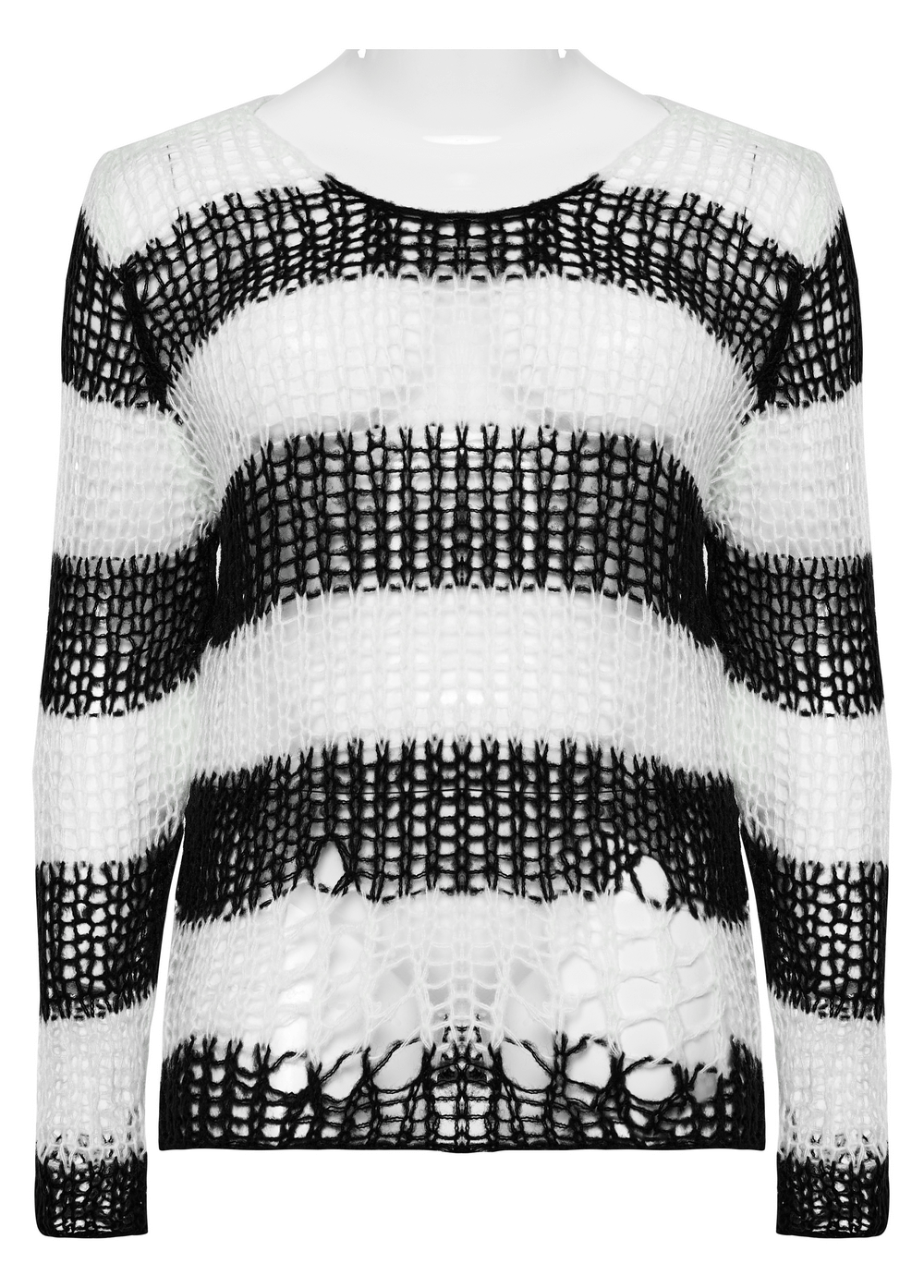 Stylish mohair striped pullover sweater with irregular holes in black and white, perfect for an edgy look.