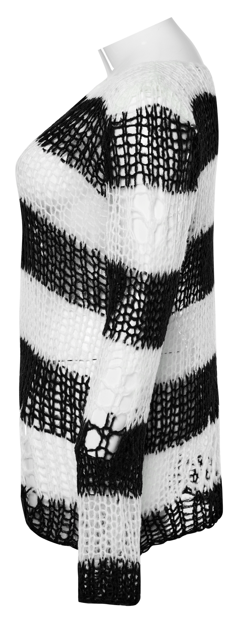 Stylish mohair striped pullover with edgy irregular holes and oversized neckline, perfect for a rebellious look.