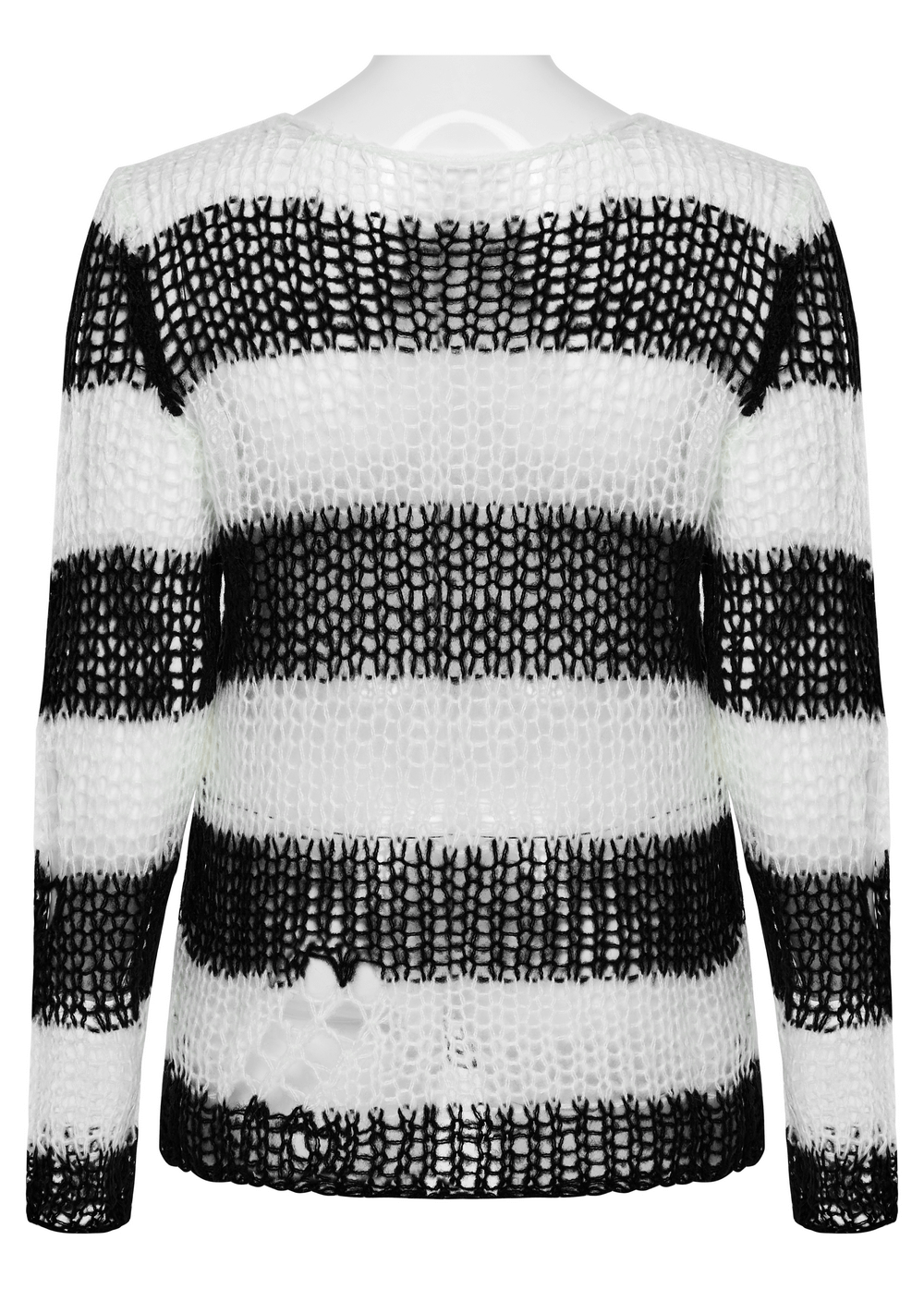 Stylish mohair striped pullover with irregular holes, showcasing a punk-inspired black and white design.
