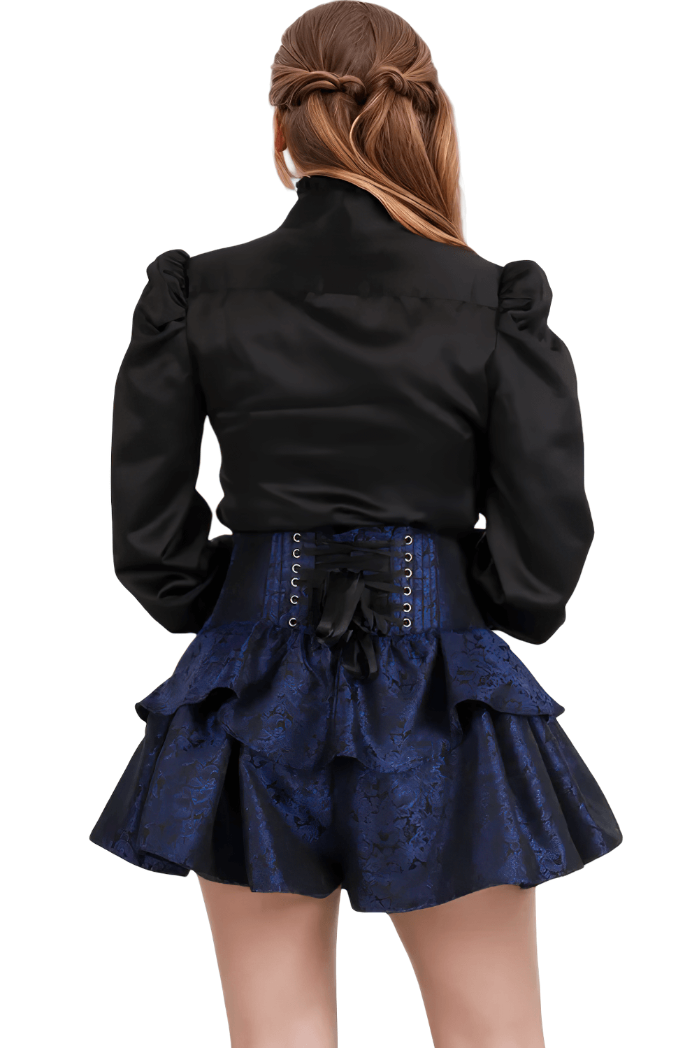 Stylish Navy Brocade Corset Skirt with Lace-Up Detail showcased in gothic fashion with double-tiered ruffles.