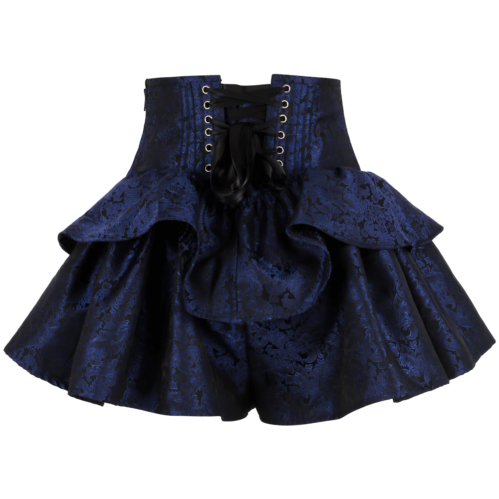 Stylish Navy Brocade Corset Skirt with Lace-Up Detail featuring double-tiered ruffles and elegant floral motif.