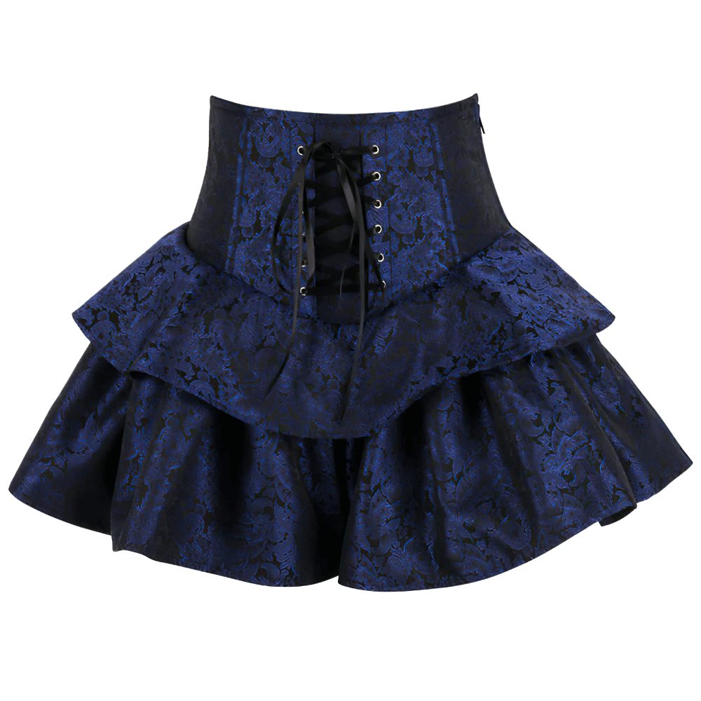 Stylish Navy Brocade Corset Skirt with Lace-Up Detail featuring double-tiered ruffles and elegant floral motif.