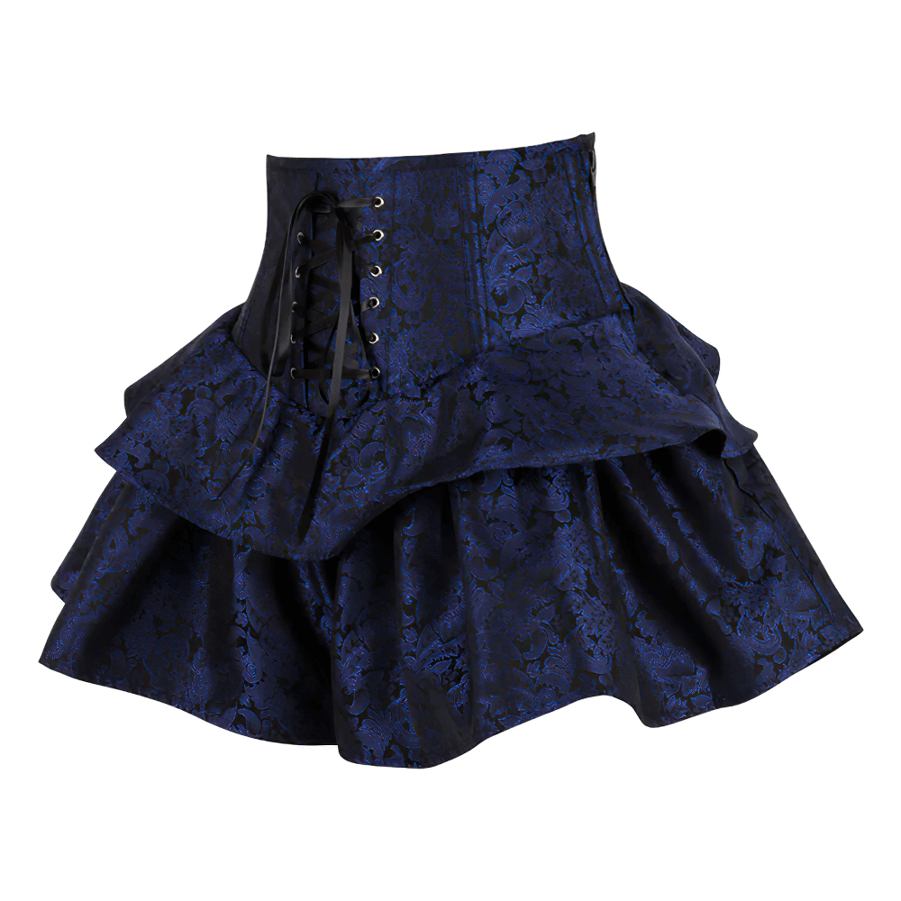 Stylish Navy Brocade Corset Skirt with Lace-Up Detail featuring double-tiered ruffles and a floral motif.