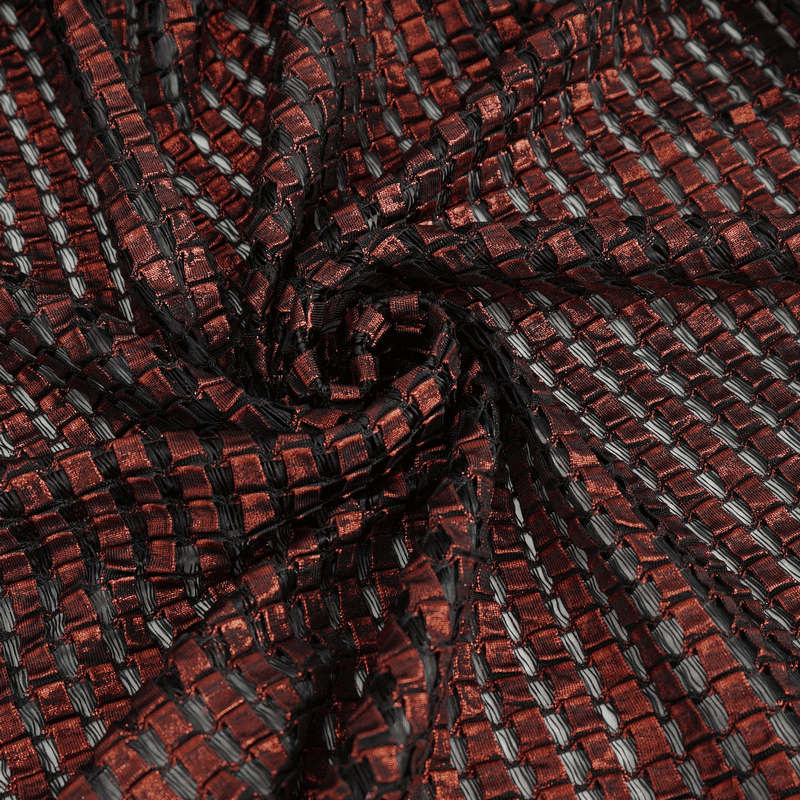 Close-up of stylish red and black textured fabric for gothic off-shoulder halter top, showcasing intricate woven patterns.