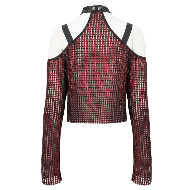 Back view of a stylish off-shoulder red halter top featuring gothic buckle straps and a unique pentagram design.