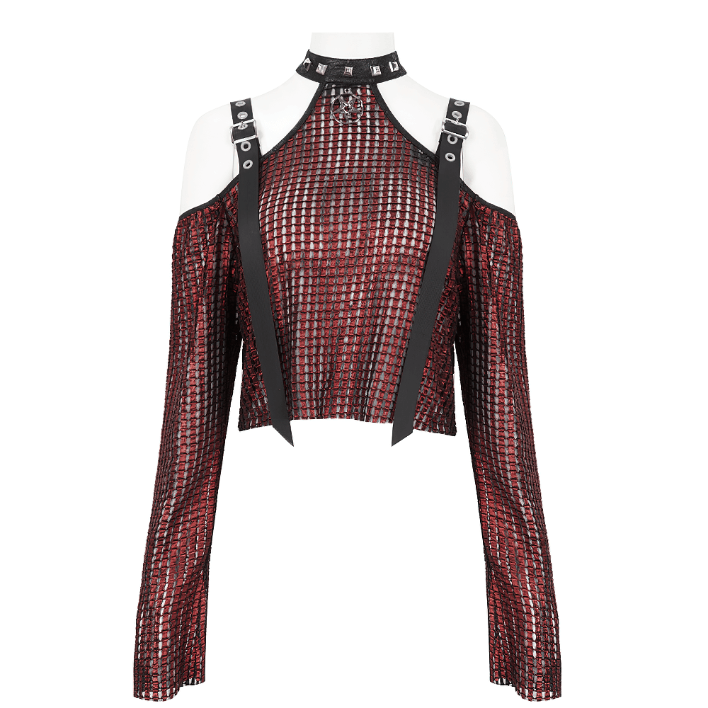 Stylish off-shoulder red halter top with pentagram buckle straps for a gothic fashion statement.
