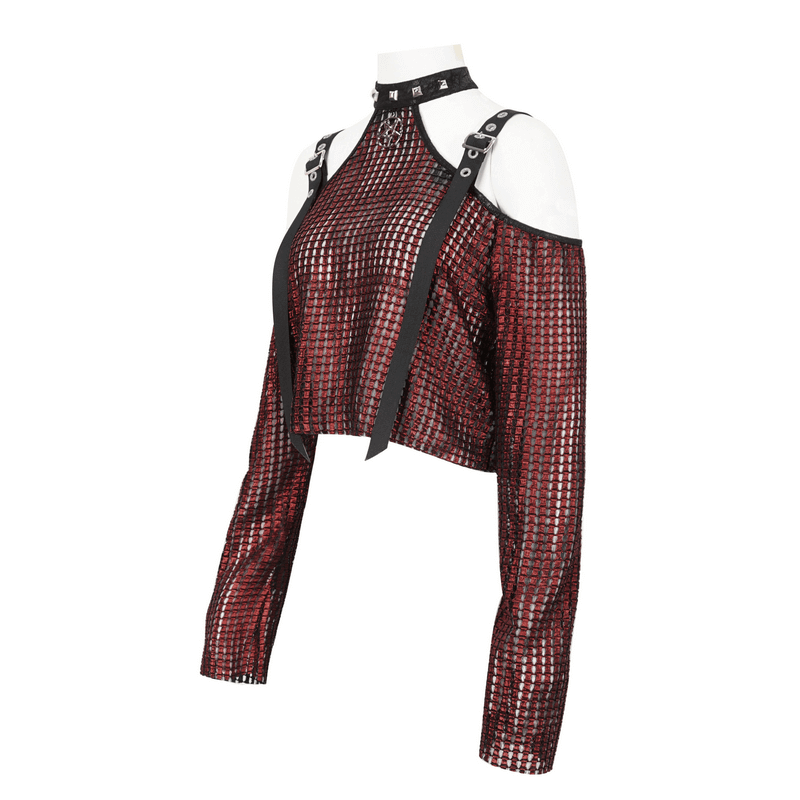 Stylish off-shoulder red halter top featuring gothic buckle straps and a daring pentagram design.