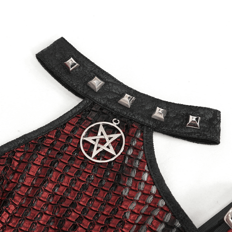 Stilvolles schulterfreies rotes Neckholder-Top mit Pentagramm-/Gothic-Schnallenträgern