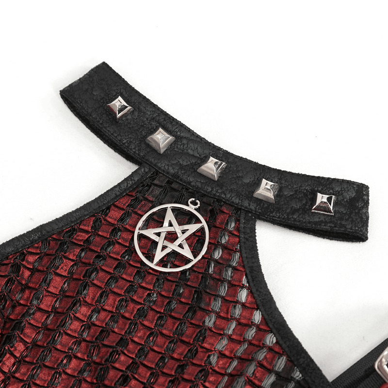 Close-up of stylish red halter top featuring pentagram and gothic buckle straps, perfect for edgy fashion lovers.