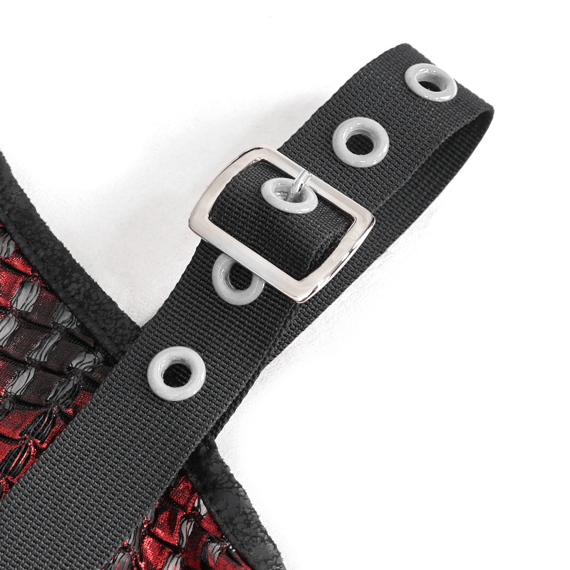 Close-up of gothic buckle straps on a stylish off-shoulder red halter top, showcasing edgy details.