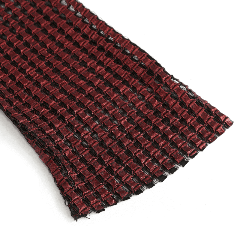 Close-up of a stylish off-shoulder red halter top with intricate woven fabric, featuring gothic buckle strap details.