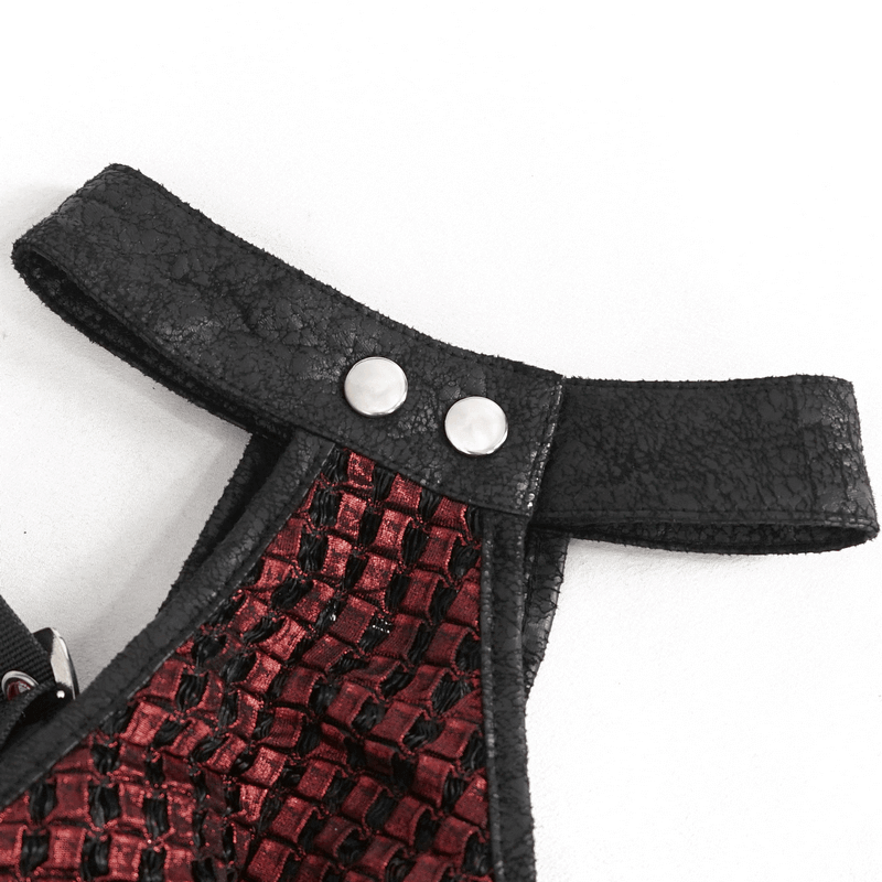Close-up of stylish off-shoulder red halter top with gothic buckle straps and pentagram elements.
