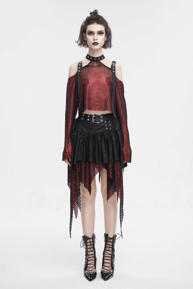 Stylish off shoulder red halter top with pentagram straps, paired with a gothic black skirt, exuding edgy elegance.