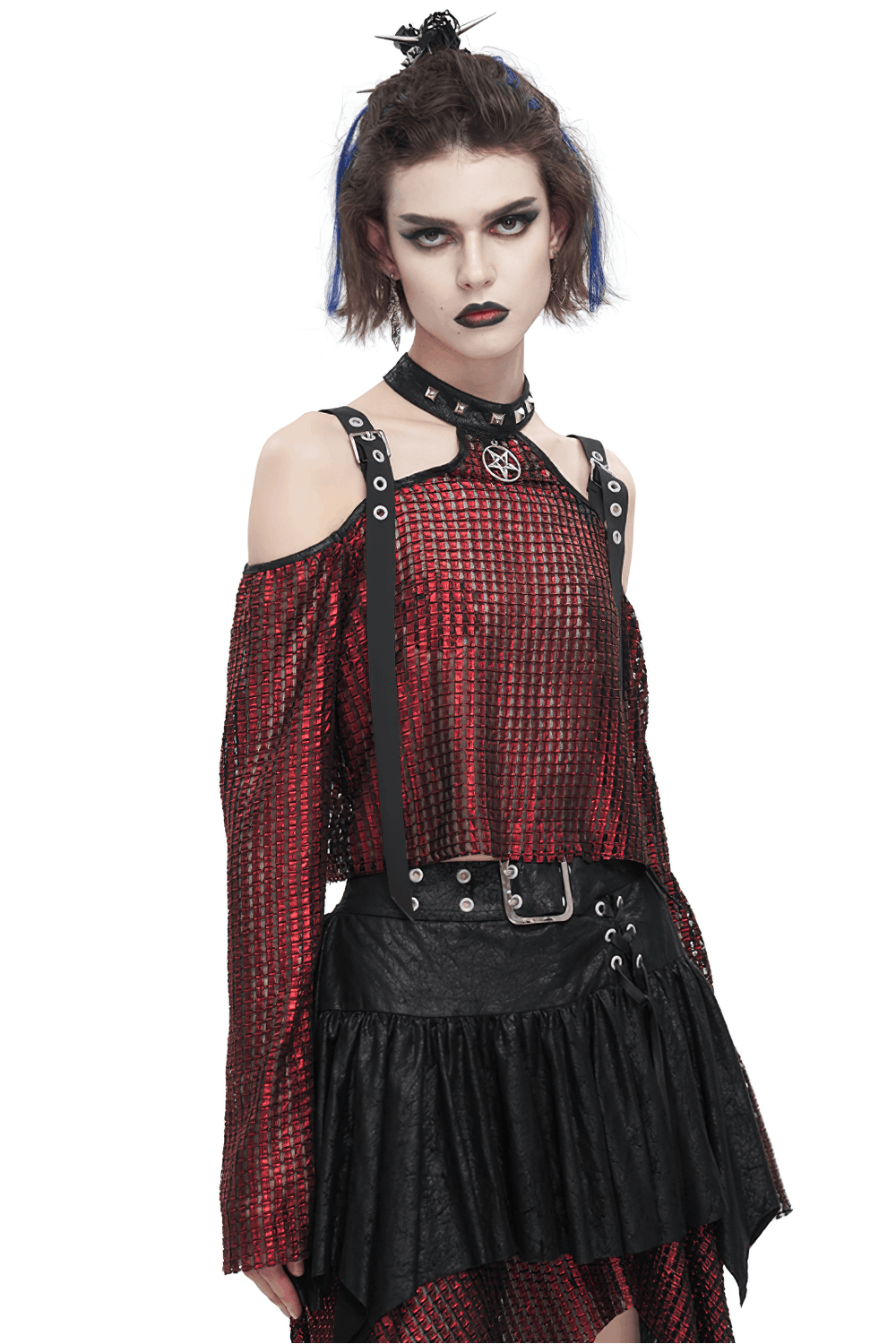 Gothic off-shoulder red halter top with buckle straps and pentagram details, showcasing edgy fashion elegance.