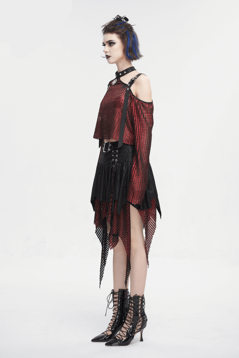 Stylish off-shoulder red halter top with gothic buckle straps and pentagram, showcasing edgy fashion.