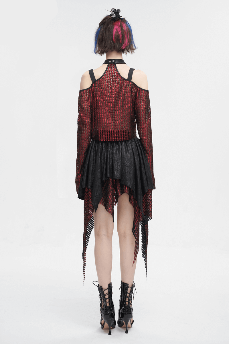 Back view of a stylish off-shoulder red halter top with gothic buckle straps and dramatic black skirt.