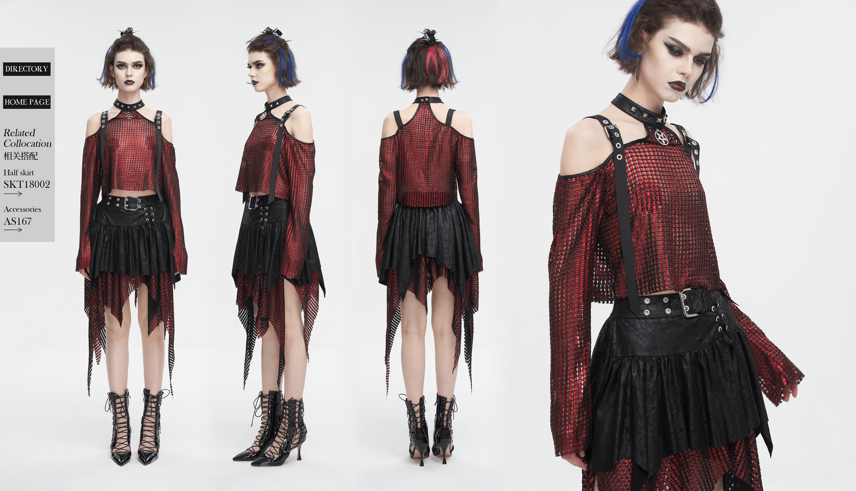 Stylish off-shoulder red halter top with gothic buckle straps and pentagram detail, perfect for edgy fashion lovers.