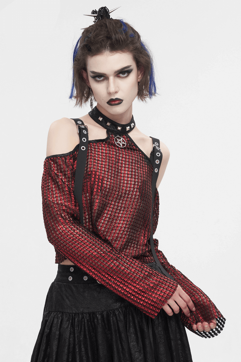 Fashionable off-shoulder red halter top featuring pentagram and buckle straps for a gothic chic look.