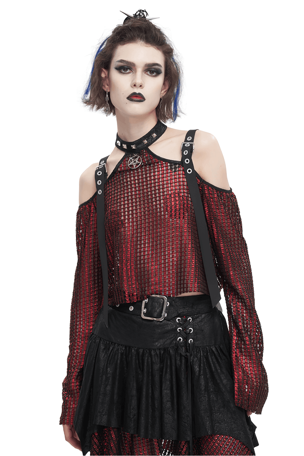 Stylish off shoulder red halter top with gothic buckle straps and pentagram design, perfect for edgy fashion enthusiasts.