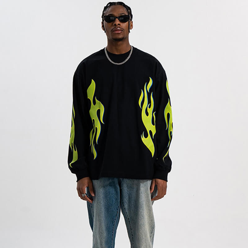Stylish Oversize Long Sleeves Sweatshirt with Flame Print / Male Alternative Fashion - HARD'N'HEAVY