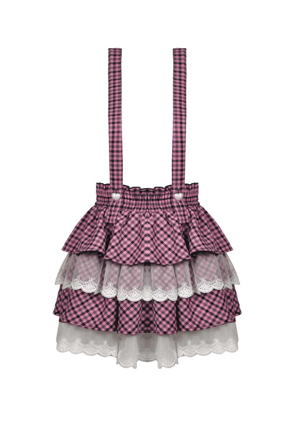 Trendy pink checkered pleated skirt with lace trim and adjustable straps for a playful and stylish look.