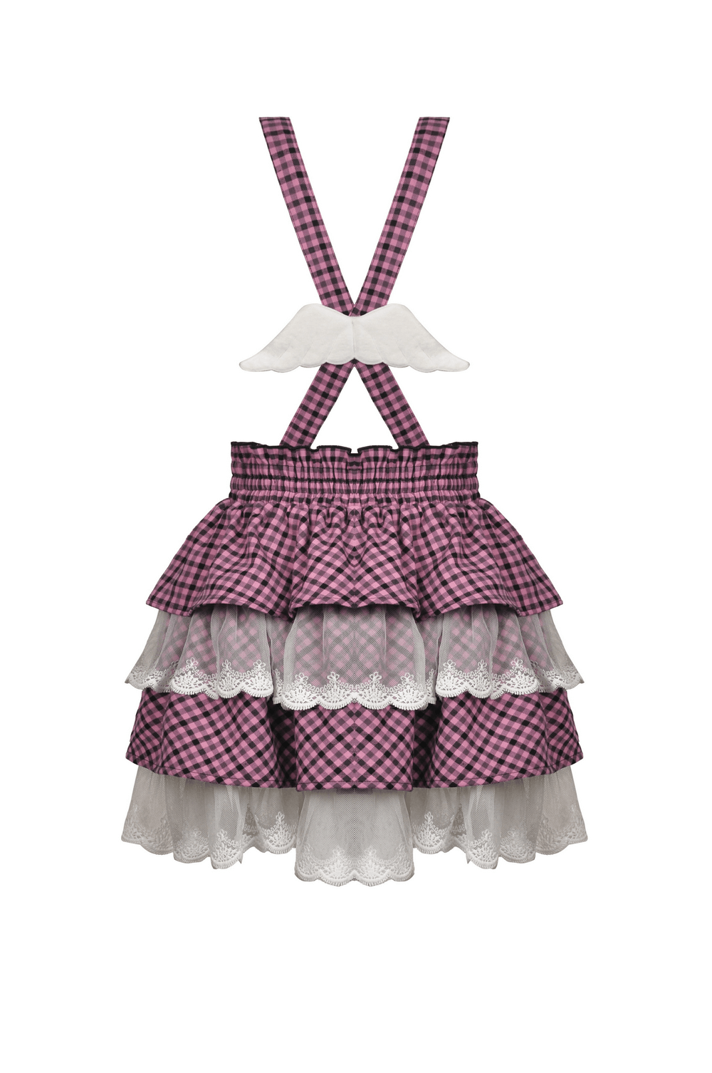 Stylish pink kawaii pleated skirt with lace trim and ruffled checkered pattern, perfect for trendy outfits.