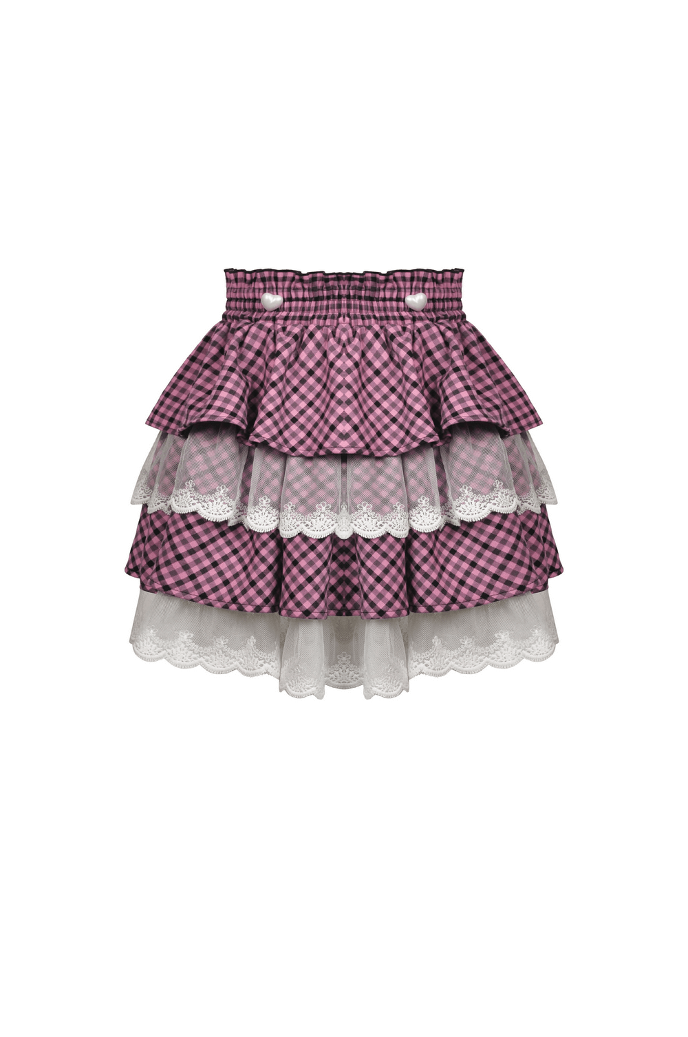 Stylish pink kawaii pleated skirt with lace trim and checkered pattern, perfect for playful fashion lovers.