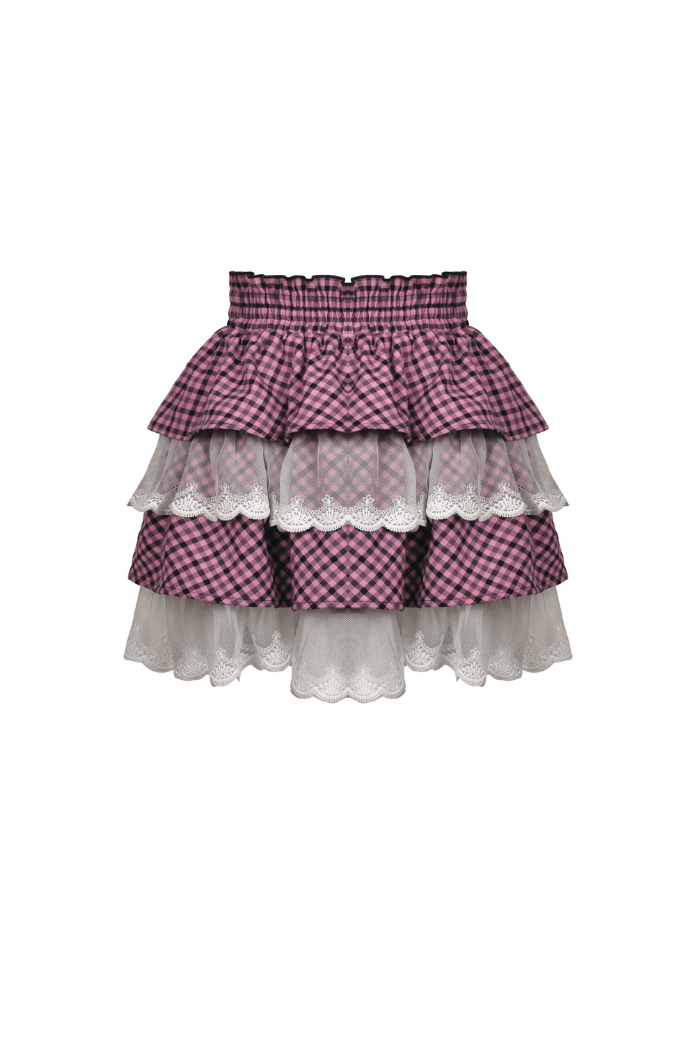 Stylish pink checkered pleated skirt with lace trim and ruffles, perfect for a trendy fashion statement.