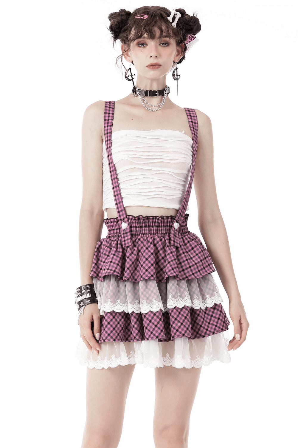 Stylish pink kawaii pleated skirt with lace trim and ruffled checkered pattern, paired with a trendy top.