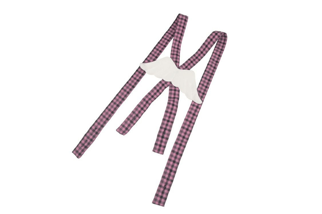 Fashionable pink and checkered suspenders with a cute white bow, perfect for adding a playful touch to any outfit.