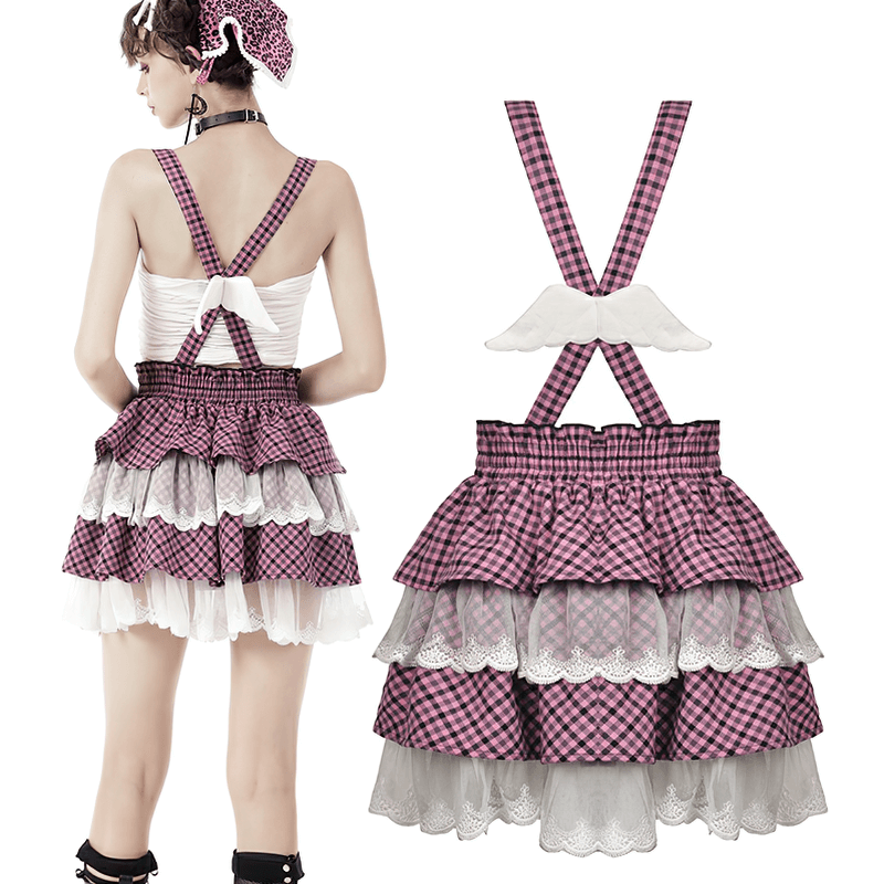 Stylish pink kawaii pleated skirt with lace trim and ruffled checkered design, perfect for playful outfits.