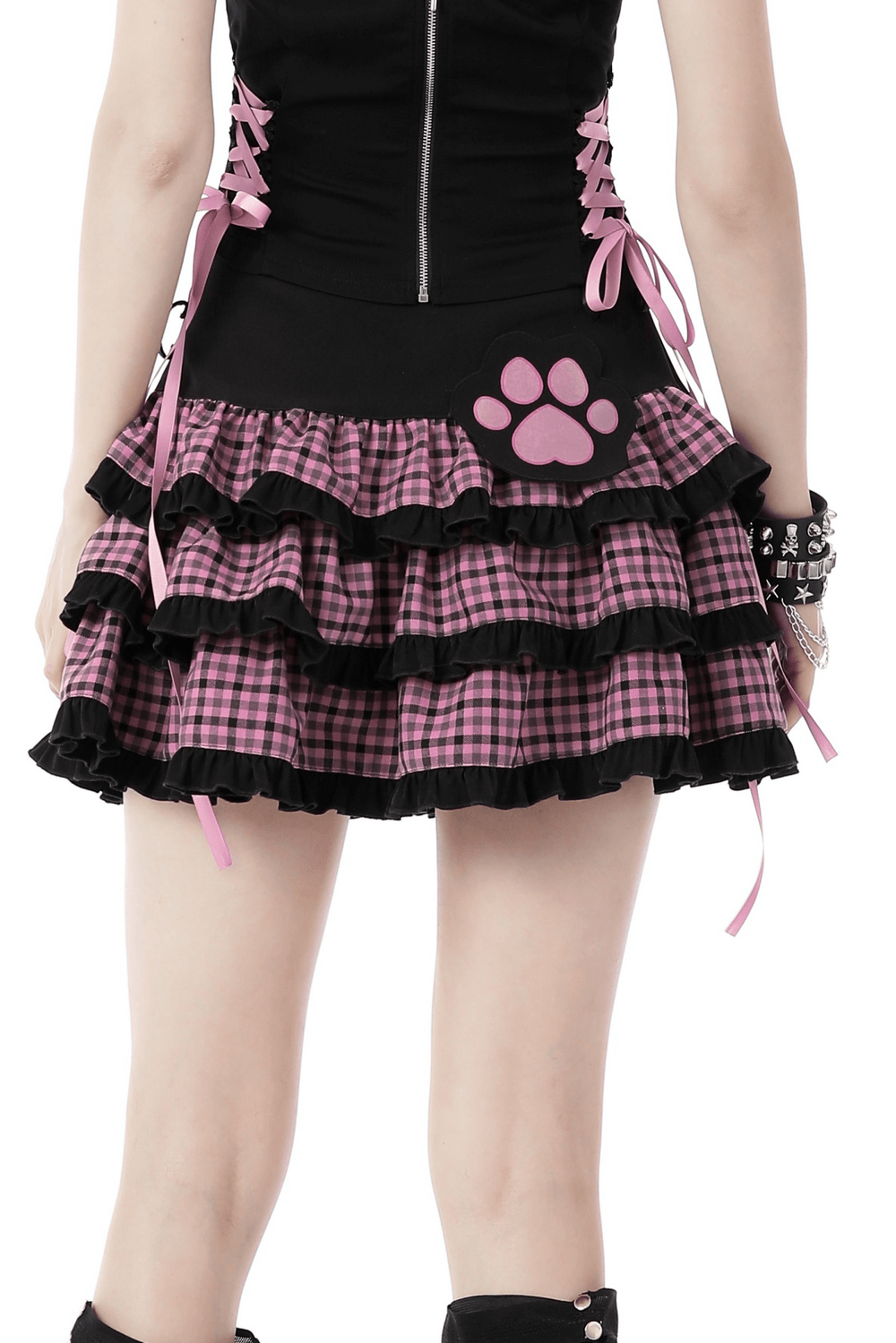 Stylish Plaid Ruffled Skirt with Paw Print Detail