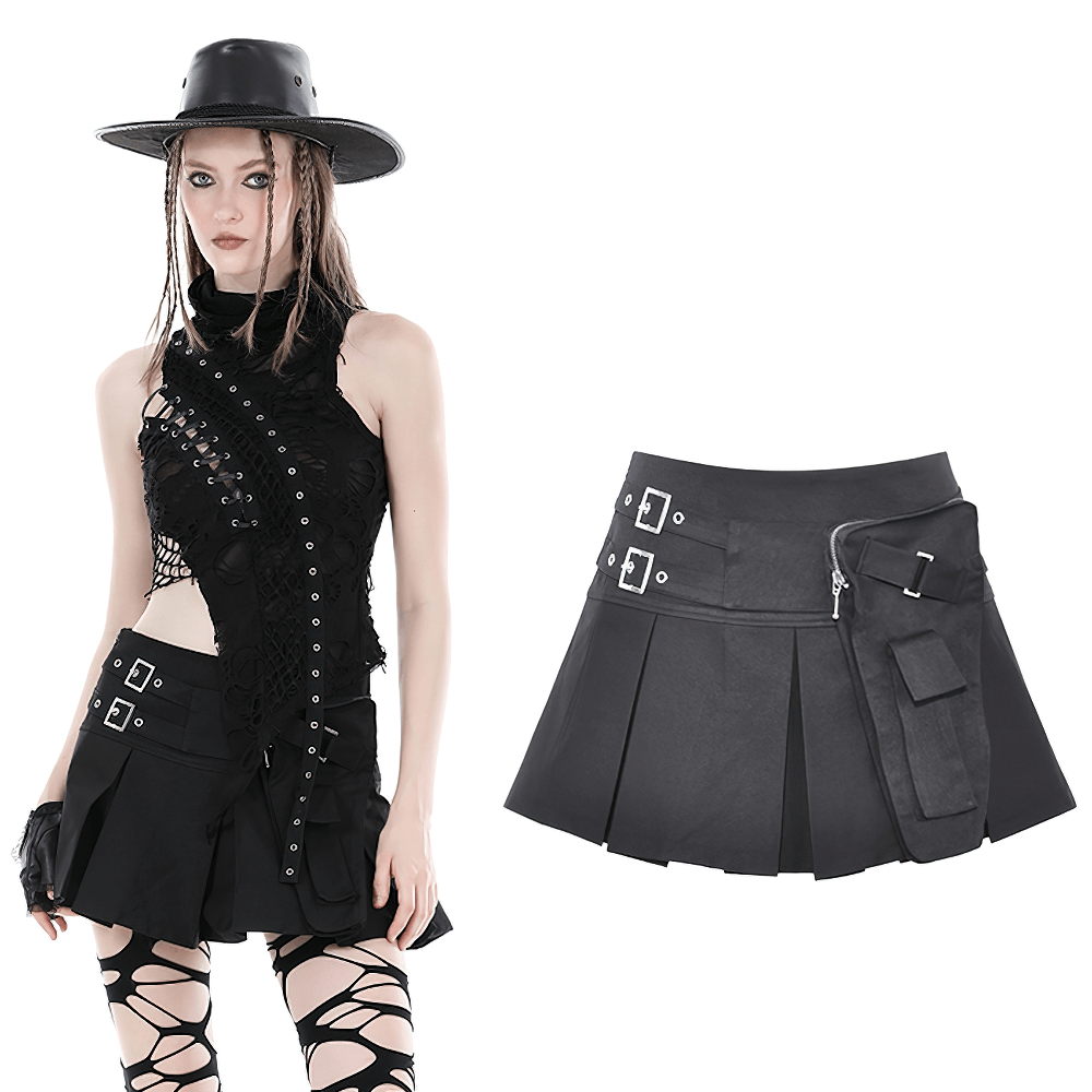 Chic black pleated mini skirt with punk rock buckle details and side pocket, styled with a bold outfit.
