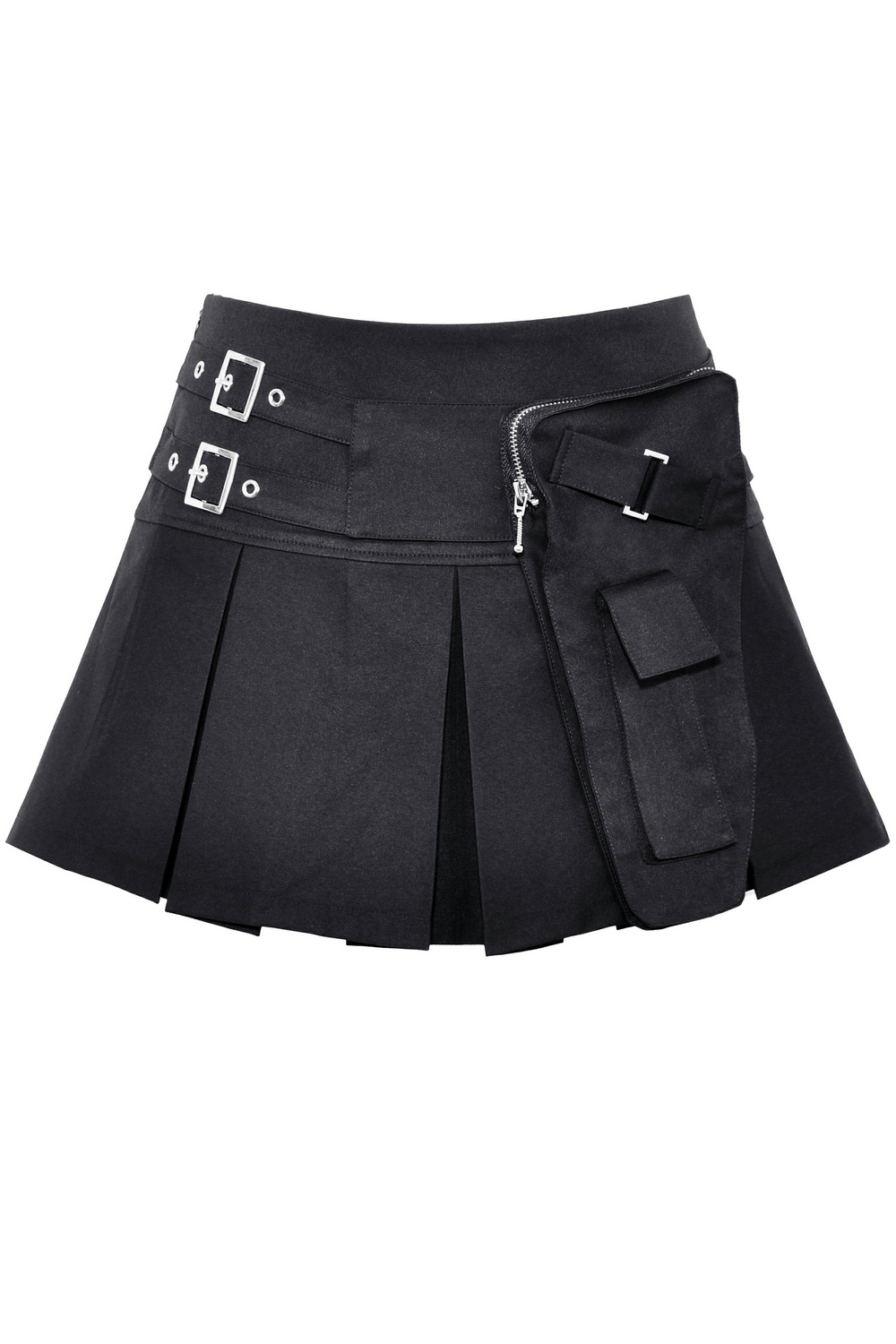 Stylish black pleated mini skirt with punk rock buckle detail and side pocket, perfect for fierce fashion lovers.