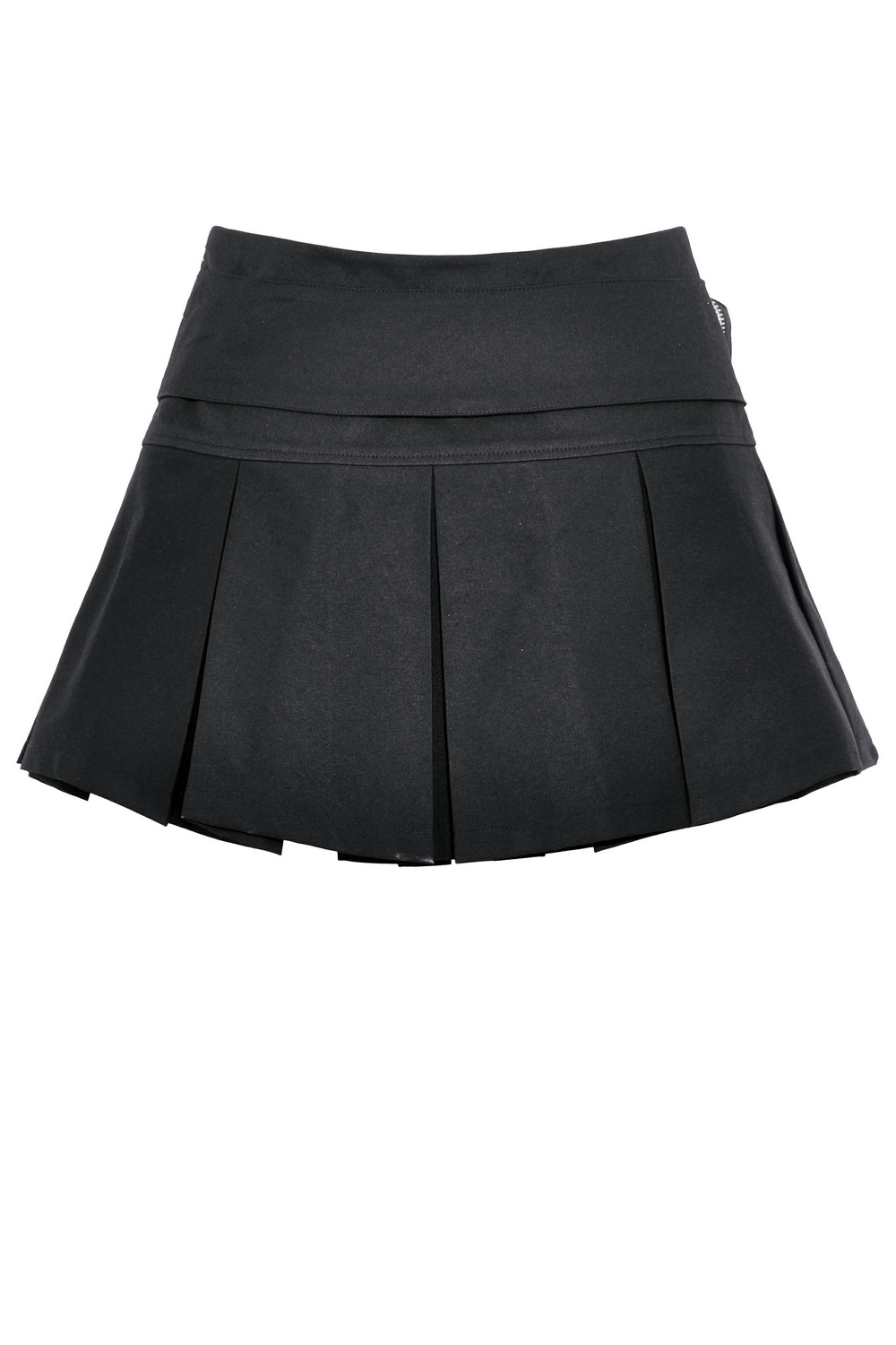 Stylish black pleated mini skirt with punk rock buckle detail, perfect for an edgy look and featuring a flattering A-line silhouette.