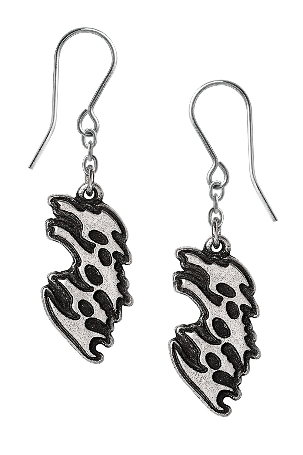 Stylish antiqued pewter drop earrings featuring Poppy's iconic logo, perfect for alternative fashion and everyday wear.