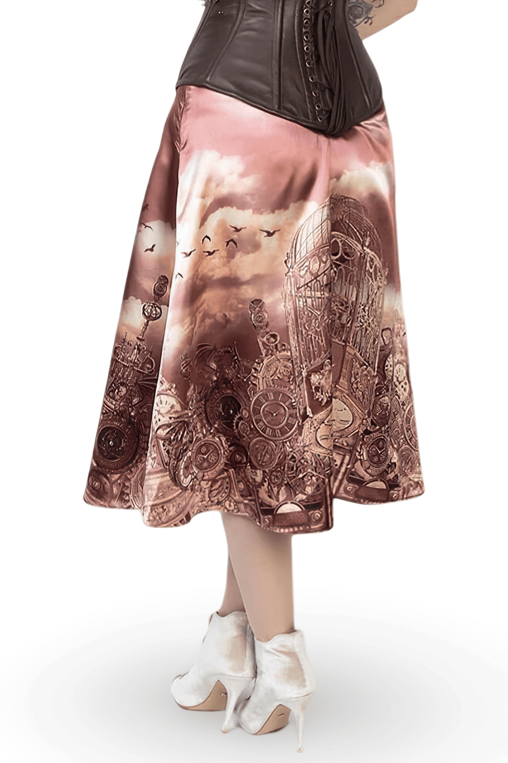 Stylish A-line satin skirt with clockwork and birdcage prints, perfect for gothic and steampunk looks.