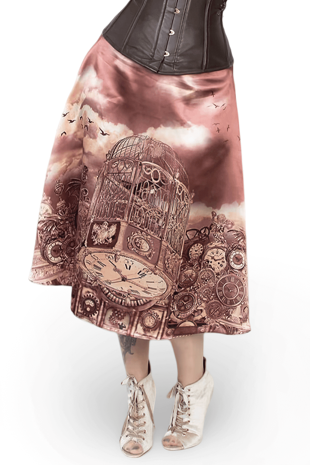 Vintage-inspired A-line satin skirt featuring clockwork and birdcage motifs, perfect for steampunk fashion.