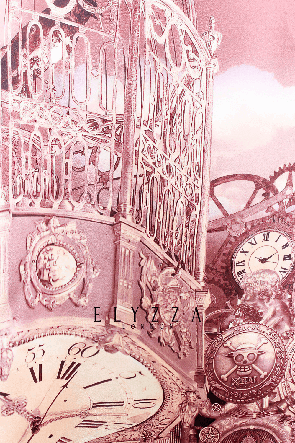 Vintage steampunk design featuring ornate clocks and a decorative birdcage in soft pink hues.