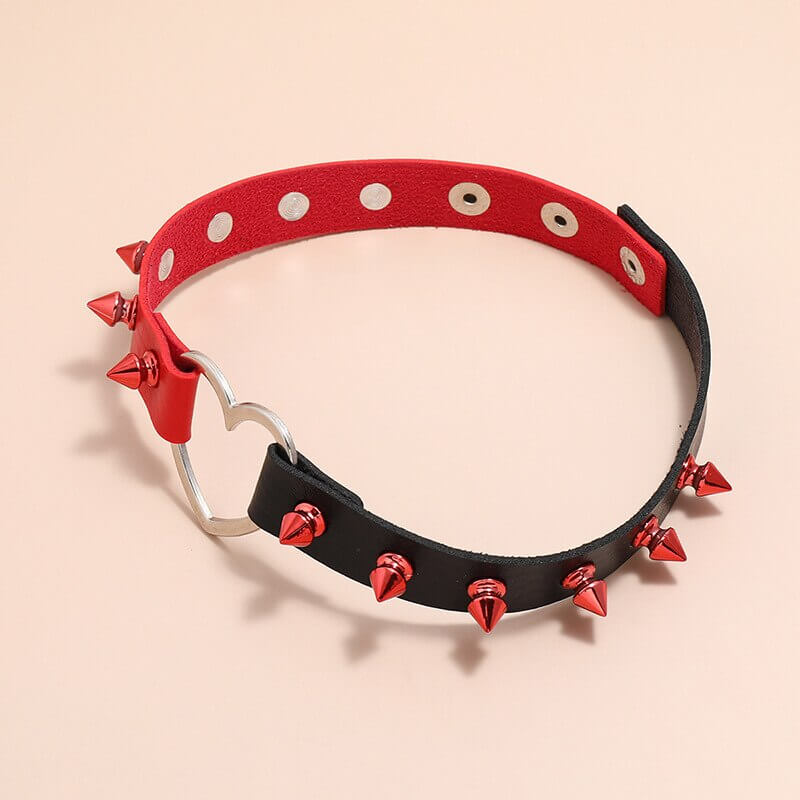Stylish PU Leather Choker in Black and Red Colors / Punk Accessories with Heart and Spikes - HARD'N'HEAVY