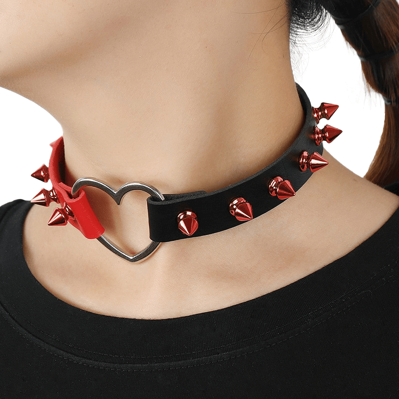Stylish PU Leather Choker in Black and Red Colors / Punk Accessories with Heart and Spikes - HARD'N'HEAVY